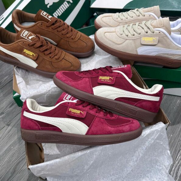 Puma Palermo OG phối màu xanh dương/trắng, tag vàng đặc trưng, chất liệu da lộn cao cấp.
